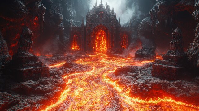 An imposing gothic gate stands amidst a river of flowing lava in a dark, volcanic landscape, evoking the feeling of a mythical underworld realm deep within earth. - Powered by Adobe