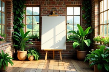 Sunlit Greenhouse Studio with Blank Canvas and Lush Potted Plants