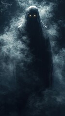 A spectral figure shrouded in dark fabric emerges from swirling smoke with glowing eyes, conju an unsettling presence in the eerie, atmospheric scene.