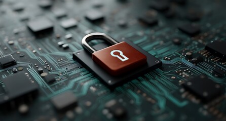 Secure Data Protection Padlock on Circuit Board Representing Cyber Security and Digital Safety