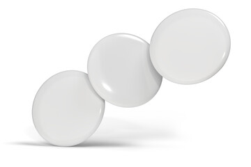 Blank Round Pin Badges Mockup Template isolated on background. Plastic empty white button badge with metal for branding souvenir magnet, brooch pin, emblem, merchandise, volunteer label. 3D rendering