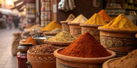 Fototapeta premium Vibrant Spices in a Moroccan Market Aromatic and Colorful Clay Bowls