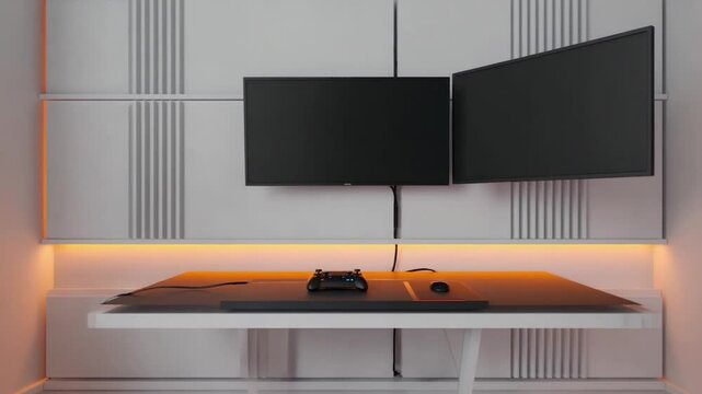 Modern minimalist workstation with dual screens and gaming controller