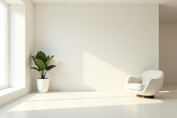 Fototapeta premium Serene Minimalist Interior Design Sunlight Illuminates a Modern White Room with a Comfortable Chair and Lush Greenery