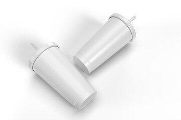 3D Stainless steel tumbler mockup with straw. Blank Insulated container aluminium mug isolated on background. Template for sublimation mockup design, branding product label, thermos glass, travel cup