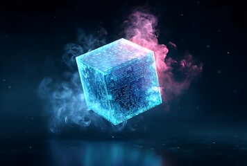 Obraz premium Futuristic glowing cube data block enveloped in vibrant smoke, digital technology concept art