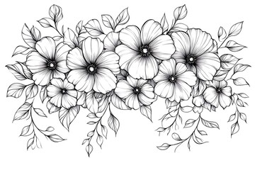 Exquisite Black and White Line Art Elegant Floral Bouquet with Detailed Leaf Accents