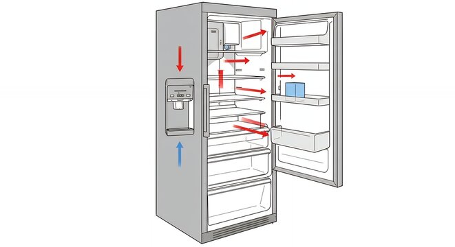 Open refrigerator illustration showing internal components and airflow for educational and commercial use