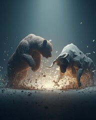 A bear slamming into a bull, breaking the ground beneath them, symbolizing a sudden and violent market crash.