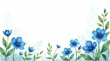 Fototapeta premium Serene Blue Floral Border Delicate Watercolor Flowers and Leaves on White Background