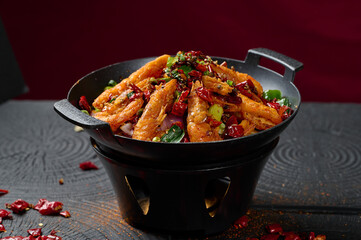 Spicy and Savory Fried Shrimp in a Black Wok