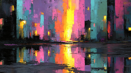 Vibrant abstract glitch art urban landscape digital noise effect colorful reflections artistic concept