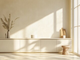 Neutral, sunlit modern room, minimalist d?cor