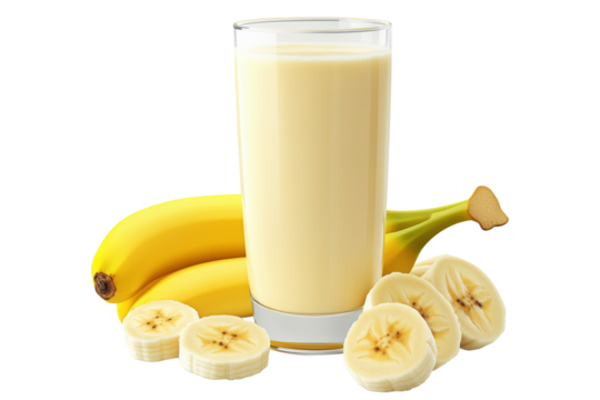 Glass of Korean banana milk smoothie with whole bananas and slices isolated on white transparent background. Concept of healthy eating and breakfast