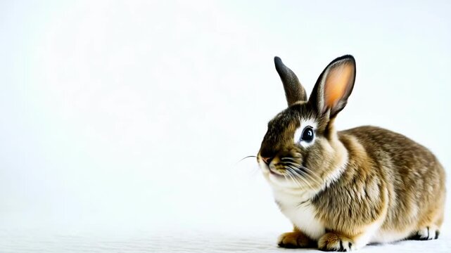 Small brown and white rabbit sitting calmly against light blue background The bunny remains mostly still while slightly moving its ears and nose, showing curious expression as it observes surroundings