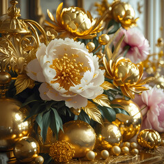 Luxurious floral arrangement featuring golden peonies and decorative metallic ornaments