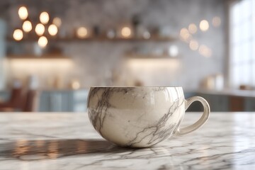 Cream-colored coffee cup on a marble kitchen counter.