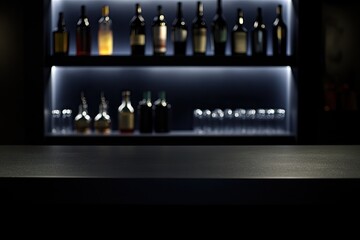 Dark, modern bar with liquor bottles