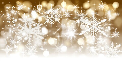 Festive winter background with snowflakes and golden lights