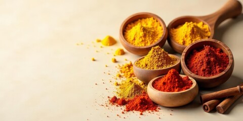 Aromatic Spices in Wooden Bowls and Spoons, Spilling onto a Light Surface