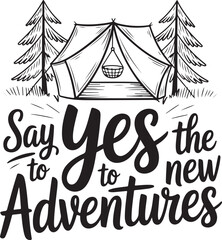 Camping in the Mountains: A classic illustration of a tent pitched in a tranquil mountain setting, surrounded by majestic peaks and towering evergreen trees. 