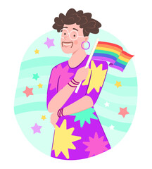 Lady Boy Holding Rainbow Flag for LGBT Gay Pride Celebration Concept Illustration