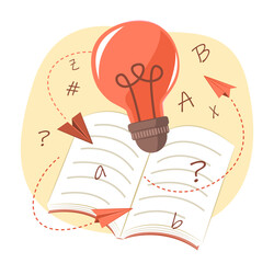 Light Bulb Idea, Book and Paper Plane for Creative Thinking Concept Illustration Clip Art
