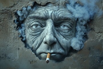 The face of an elderly man with a cigarette in his mouth protrudes from a hole in the concrete wall. Hyperrealism, street art. Surrealistic artistic image 
