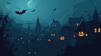 Halloween night scene with bats flying over houses and carved pumpkins glowing under a full moon, creating a spooky, festive atmosphere in the dark, blue scenery.