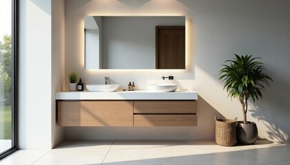 Modern bathroom vanity with sleek white countertop and minimalist design Perfect for contemporary bathrooms , spacious, home improvement, bathroom cabinet