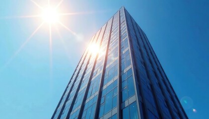 Obraz premium Sunlit skyscraper gleaming against a clear blue sky Modern architecture, urban scene, city life , building, sky, city