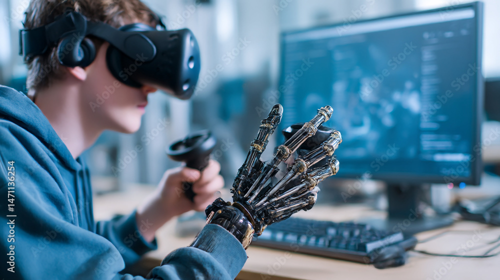 Poster virtual reality vr gaming with robotic arm and controller for immersive tech experience and augmente