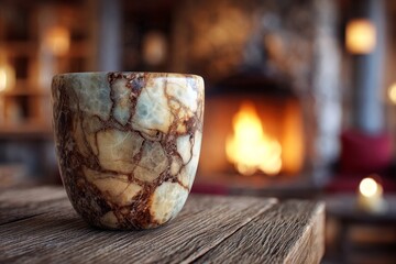 Ornate stone cup situated near a warm fireplace.