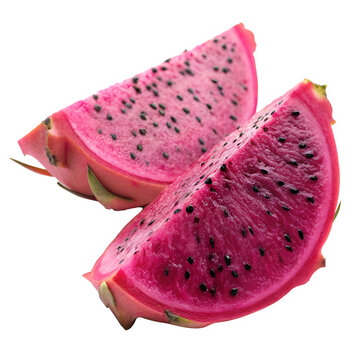 Two freshly cut slices of delicious pink dragon fruit isolated on black background