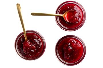 Three Satellite view, glass jar of homemade jam with a gold spoon in it, transparent background