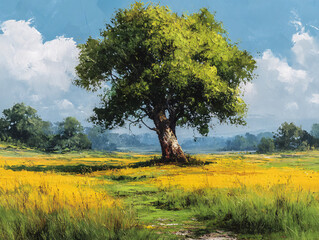 Fototapeta premium large tree standing in a grassy field with a clear blue sky overhead, dotted with white clouds.