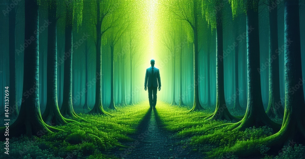 Poster Man walks toward bright light within dense forest. Trees surround path, creating surreal atmosphere. Mysterious, hopeful scene.