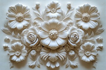Ornate floral bas-relief.  Detailed carvings of flowers and leaves create a decorative wall panel