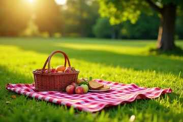 A checkered tablecloth spread on a grassy field, laden with a picnic basket and food , food, happy, meadow