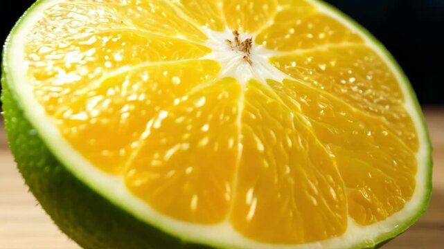 Close-up of lime being cut in half revealing juicy yellow-green interior. Camera slowly focuses tighter on citrus cross-section showing detailed pulp segments and natural texture with copy space.