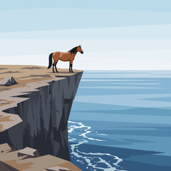 Horse Standing on Cliff Edge Overlooking Ocean Landscape Illustration