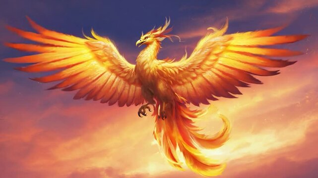 Mythical phoenix bird soaring in the sky with fiery orange and yellow feathers