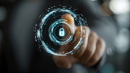 Businessman's Hand Interacting with Digital Cybersecurity Interface