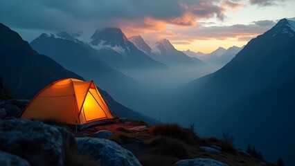 Glowing Orange Tent in Rocky Mountain Landscape, Dramatic Sunset Sky with Cloud-Covered Peaks