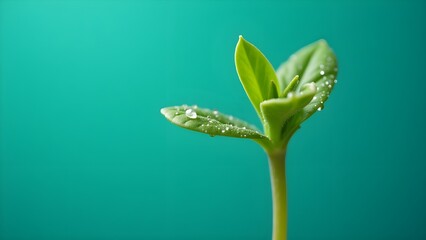 Small Green Plant Sprout with Water Droplets, Fresh Nature Close-Up on Solid Teal Background