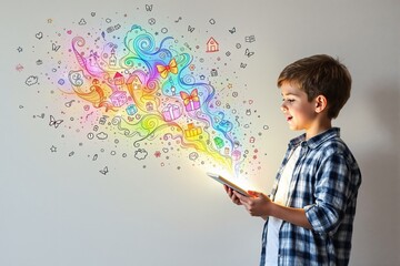 Smiling boy holding tablet with colorful imaginative doodles emerging, cartoon style on light background, concept of childhood creativity and hobby. Ai generative