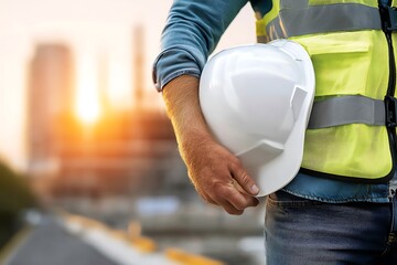 Construction Worker Holding Hard Hat at Sunset Industrial Site