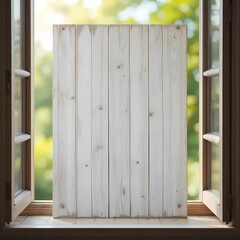 Empty Wooden board on blurred background window view during summertime