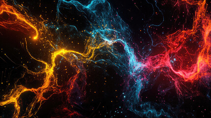 abstract glowing energy lines moving through a dark digital landscape, concept of data transfer, neon colors 