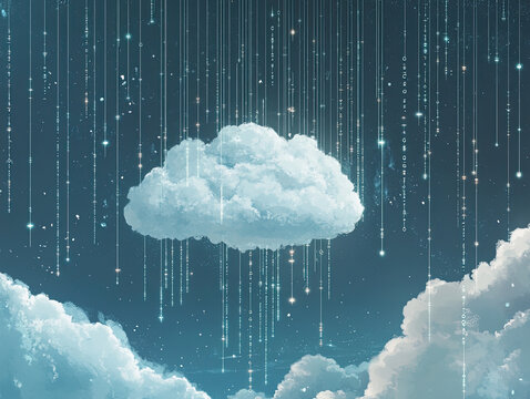 cloud computing data storage illustration, stylized white cloud symbols with digital binary streams in the sky 